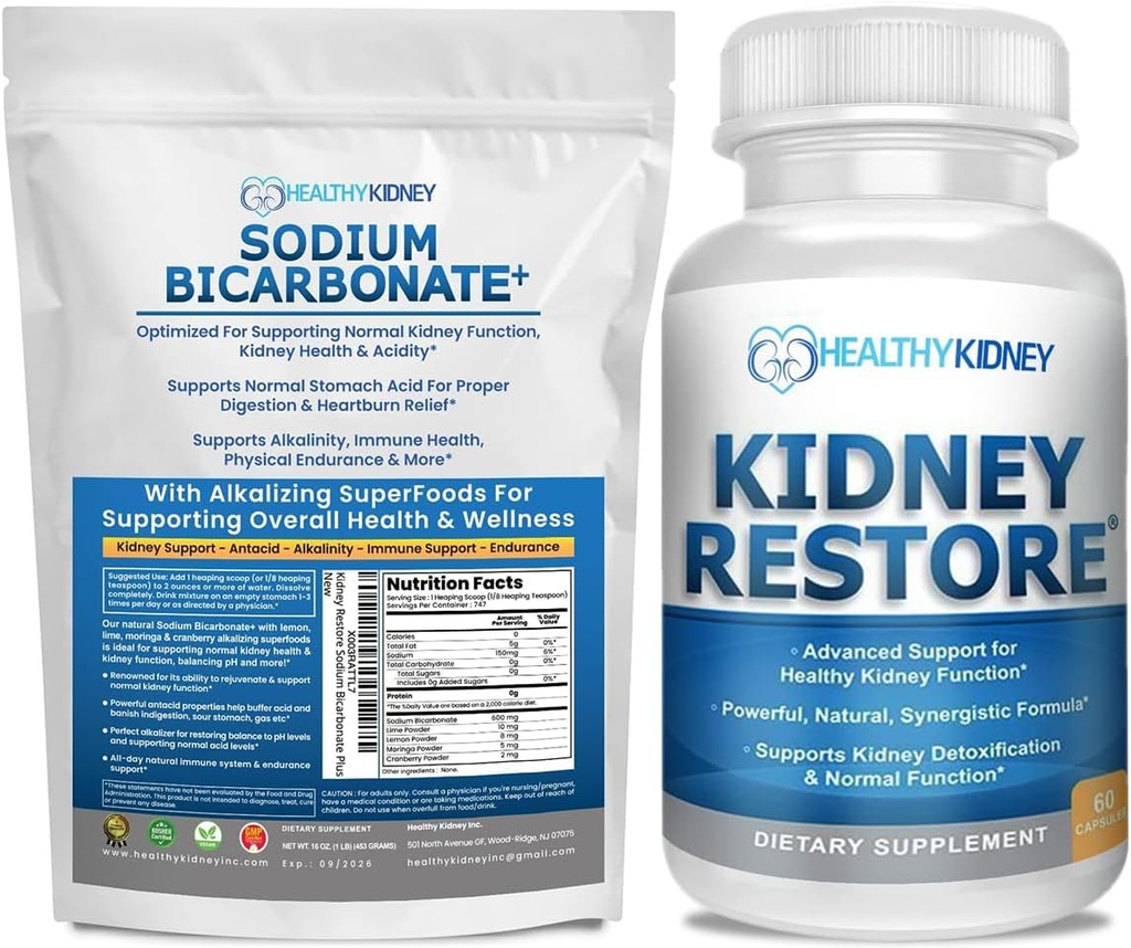 Kidney Restore Organic Sodium Bicarbonate Alkaline Supplement 1LB Cleanse 60 Caps Bundle – Supports Kidney Health, Neutralizes Stomach Acid, Alkaline Superfoods, Immune Support, Antacid & Vitamins f