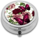 Rose Papillons Pill Box Purse Pocket Small Round Silver Pill Case Decorative Box Metal Medicine Vitamine Pill Organizer Portable Unique Gift
