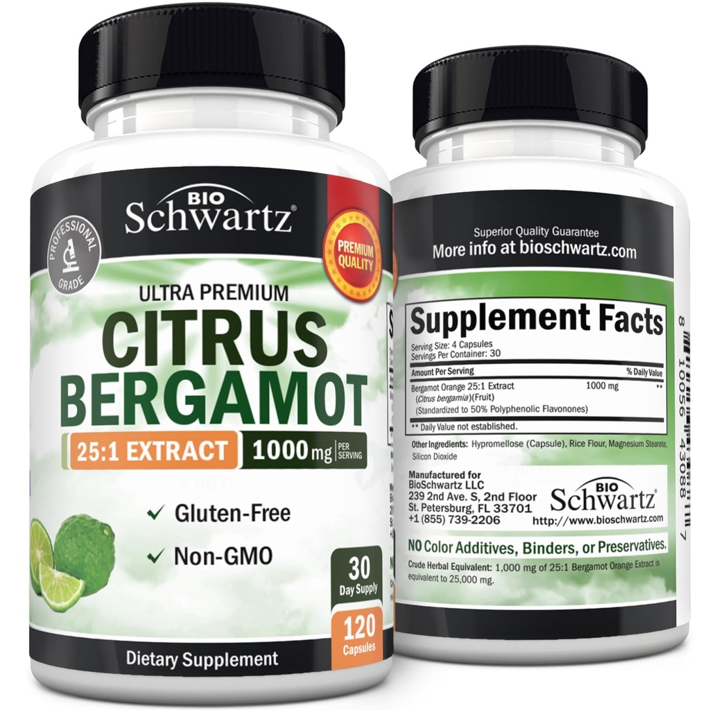 Citrus Bergamot 1000mg - Citrus Bergamot Supplement for Cholesterol and Heart Health - Ultra Concentrated from Fresh Fruit for Enhanced Absorption - Vegan, Non-GMO, Gluten-Free - 120 Mini Capsules