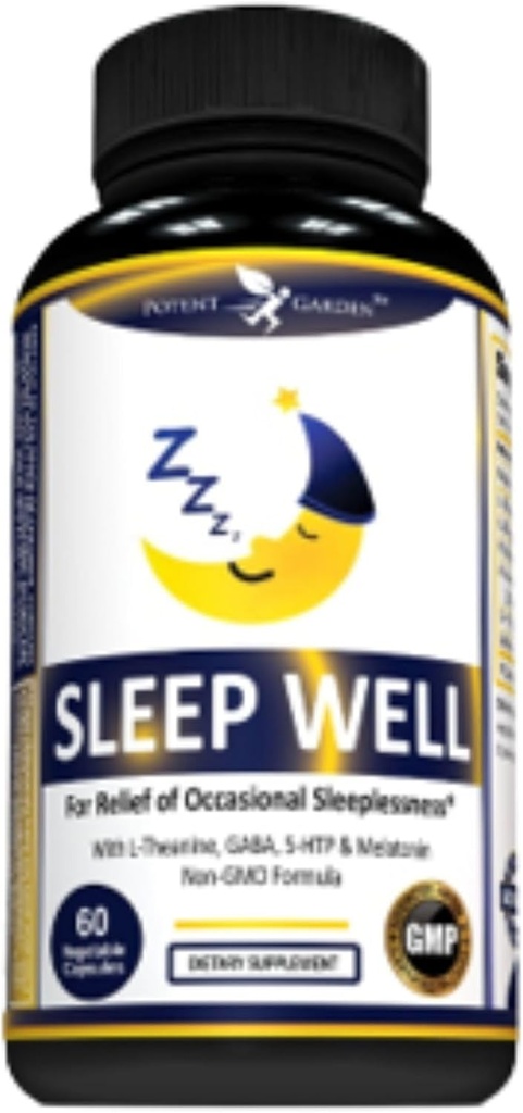 Potent Garden Sleep Well Sleep Aid Contiene Melatonin Valerian Root L-Theanine GABA & More, Natural Sleep Aid Non-Habit Forming Sleep Aids for Adults with 60 Veggie Caps