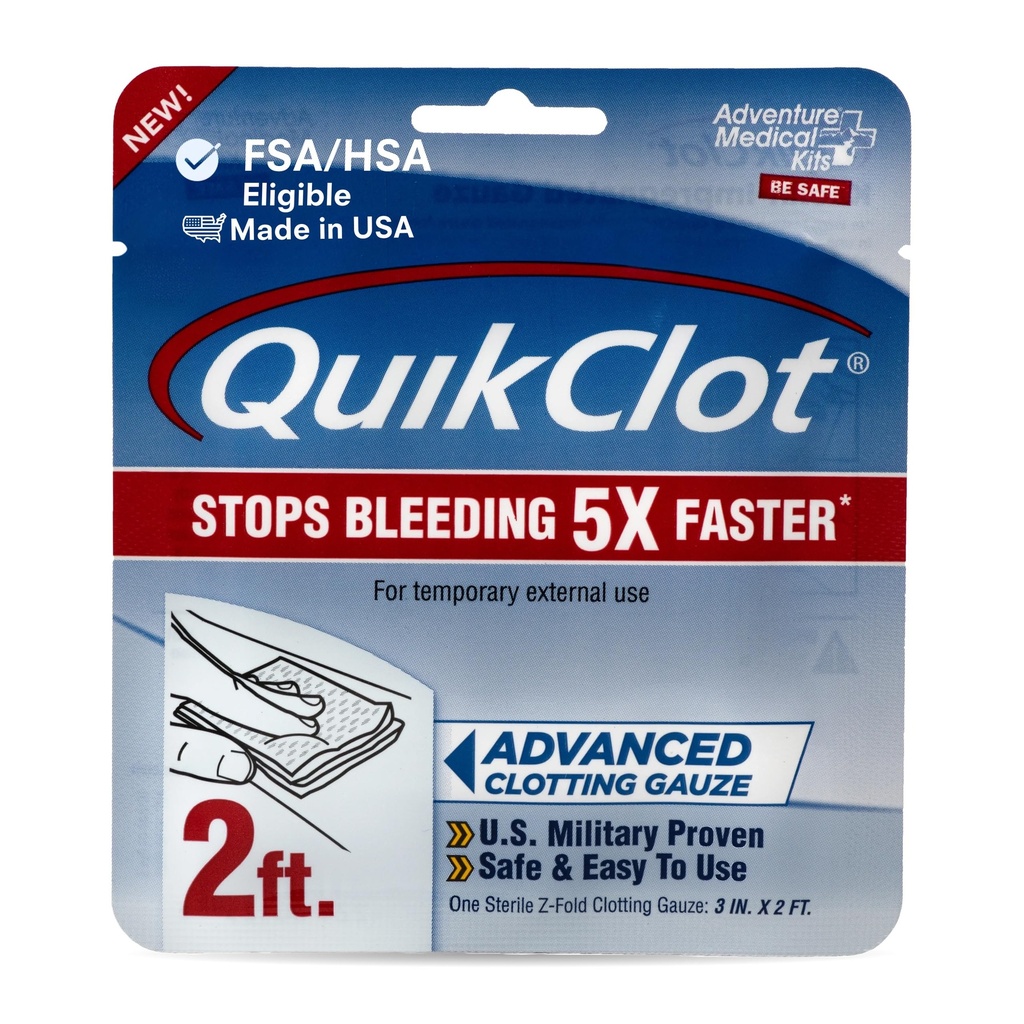 Abenteuer Medizinische Kits QuikClot Gauze - Flexible hämostatische medizinische Gauze für Notfall Überlebens- oder Katastrophenvorbereitungs-Kits &amp; Mehr - Stoppt Blutung Fast mit Kaolin - 3" x 24"