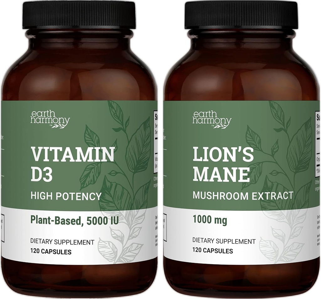 Earth Harmony Vegan Vitamin D3 5000 iu & Organic Lion's Mane 1000mg Supplement - 120 Capsules Each