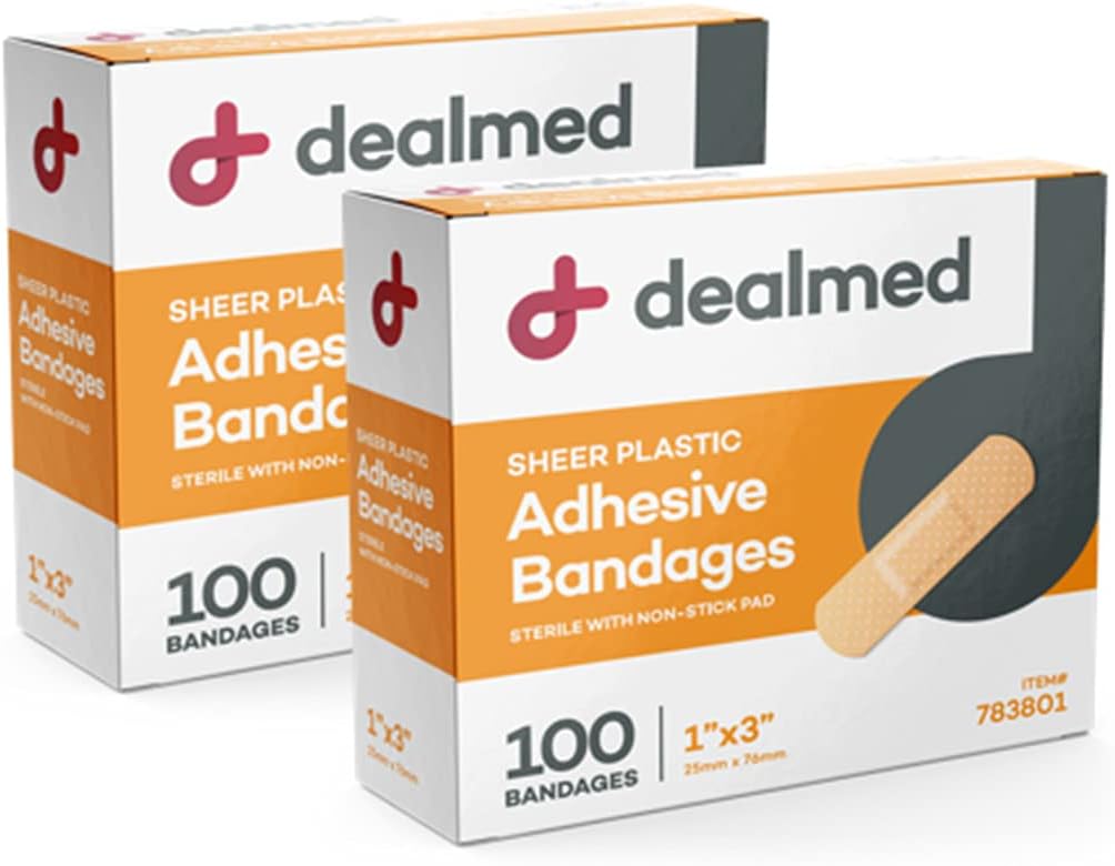 Dealmed Sheer Plastic Flexible Adhesive Bandages – 100 Count (2 Pack) Bandagen mit nicht-Stick Pad, Latexfrei, Wund Care für First Aid Kit, 1" x 3"