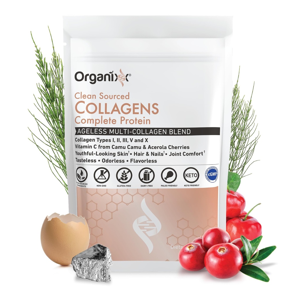 Polvere di peptidi di collagene di organixx con vitamina C, tipi I, II, III, V, X Collagene idrolizzato, capelli, chiodo, pelle, Bone & Joint Health, supporto di invecchiamento, pulito Sorgente, senza glutine, 30 Serve