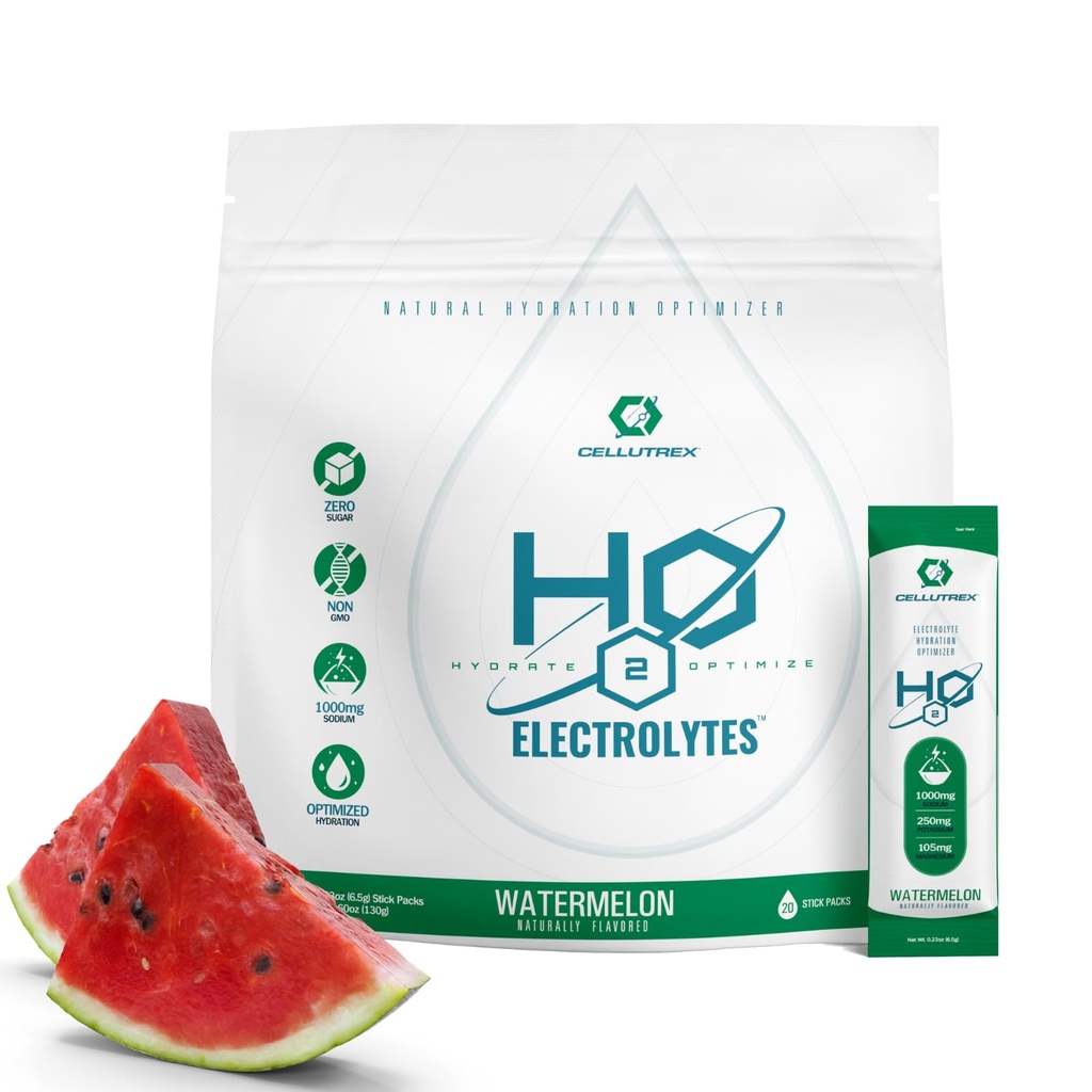 Cellutrex® H2O Electrolytes – Miscela di bevanda della polvere di elettrolita, Zucchero Zero, Pacchetti di idratazione del sale naturale per il recupero e il benessere, Watermelon, 20 Bastoncini