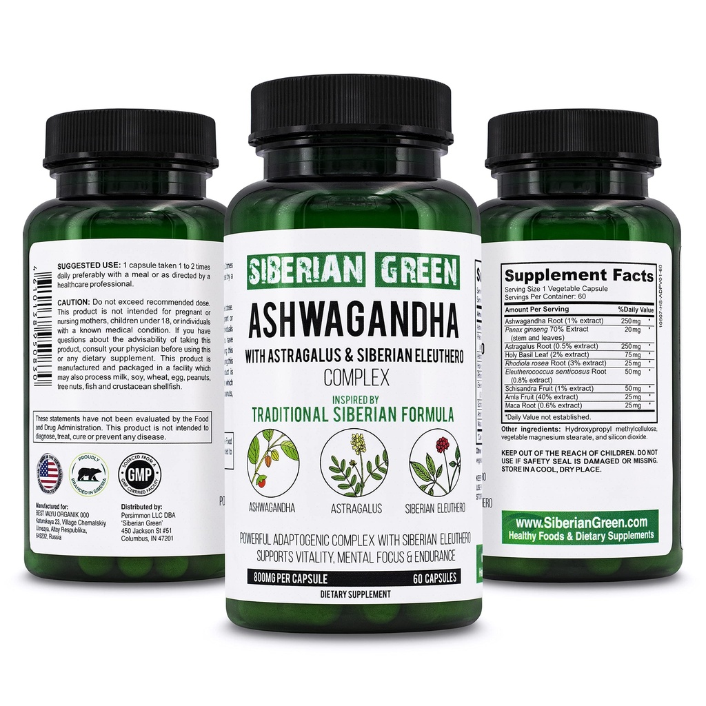 Siberian Green Organic Ashwagandha Root mit Astragalus & Sibirische Eleuthero Ginseng Complex 60 Kapseln Leistungsstarke Kräuterunterstützung