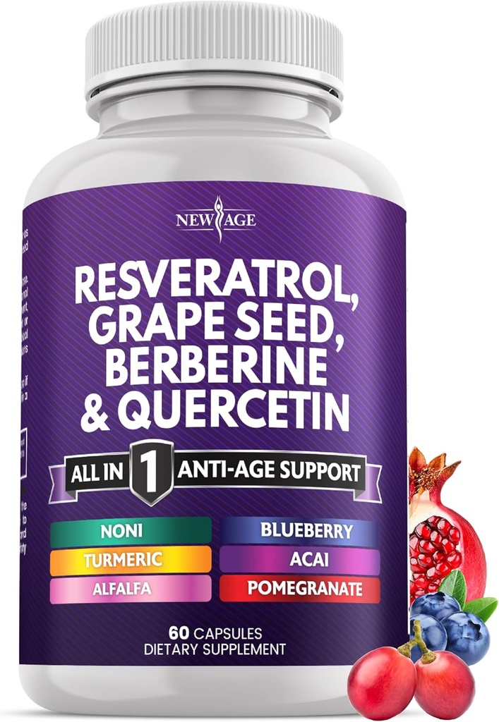 Nuova AGE Resveratrolo, Berberina, Estratto di semi di uva, Quercetina - Supplemento di polifenolo per le donne e gli uomini con estratto di noni, N-Acetil Cysteine, Estratto di Acai - 60 capsule
