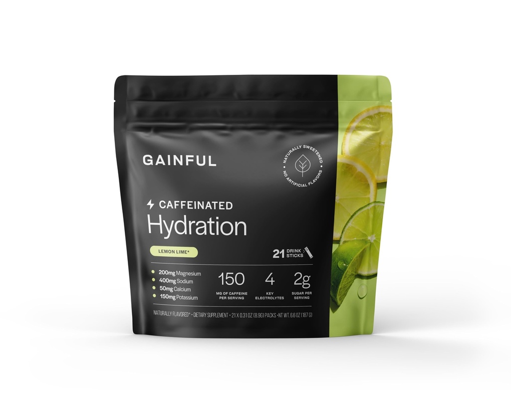Gainful Hydration + Caffeine Packets with Key Electrolytes Magnesium & Sodium + L Theanine, Low Sugar Drink Mix, Lime Lemon, 21 Sticks
