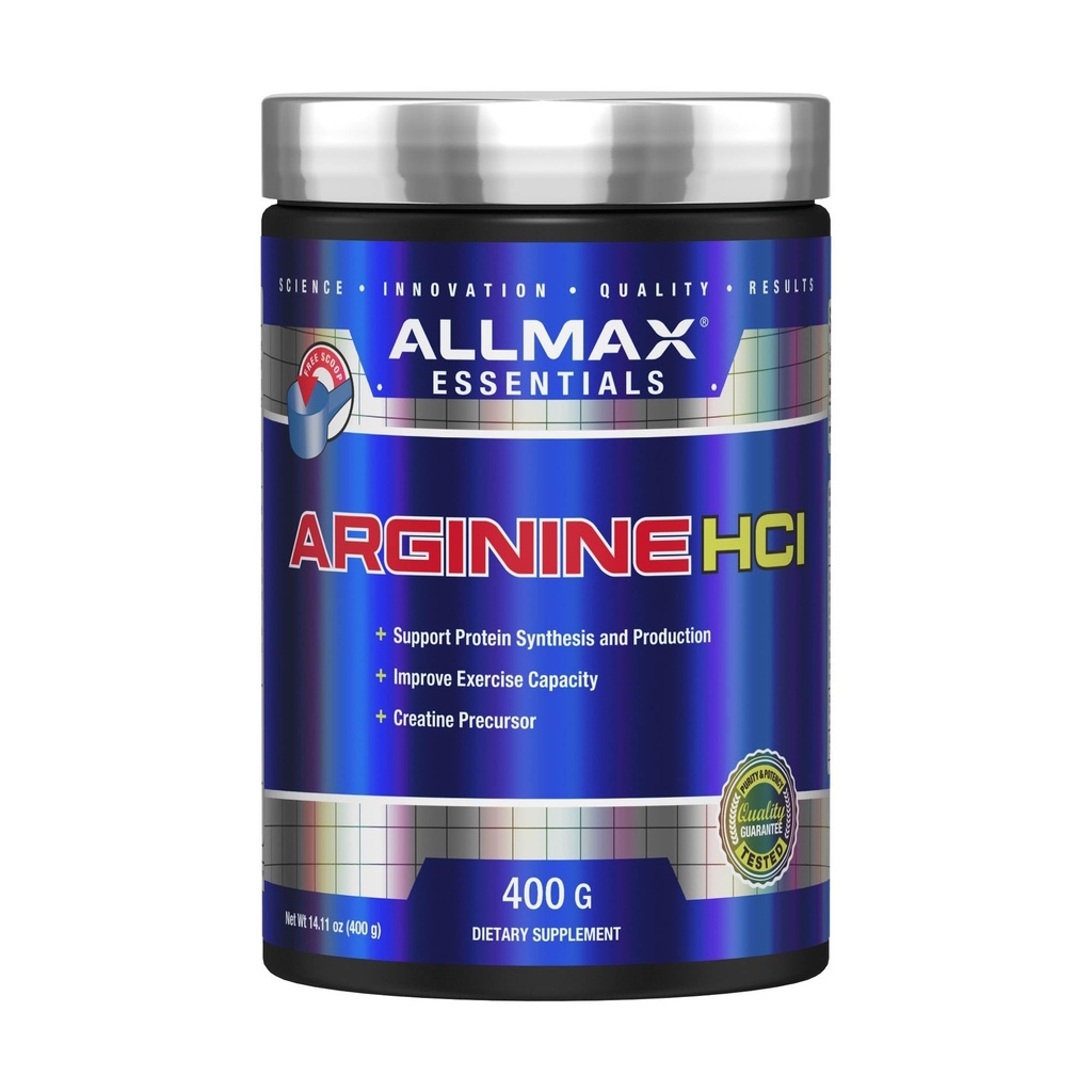 ALLMAX Essentials ARGININE HCL - 400 g - Précurseur pour la synthèse de l'oxyde nitrique - Vegan & Gluten Free - 200 portions