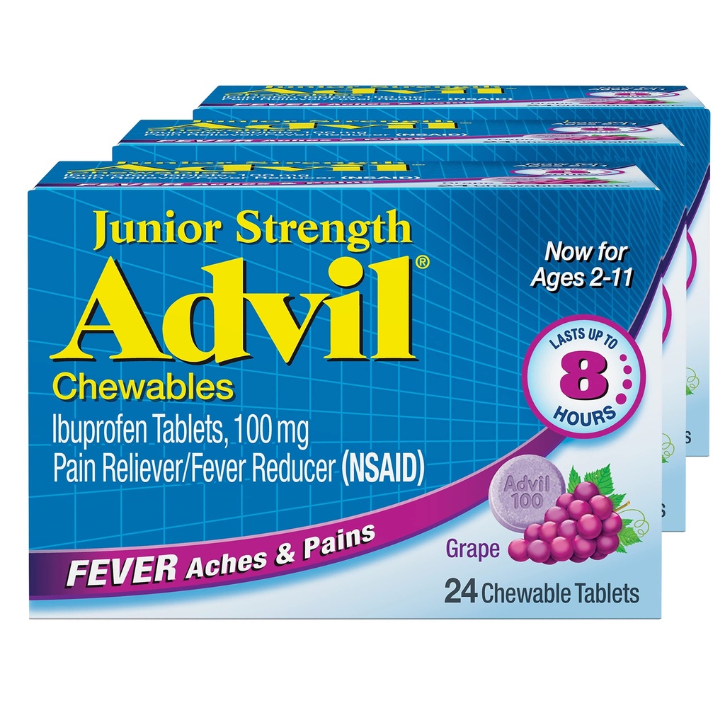 Advil Junior Forza Chewable Ibuprofen Pain Reliever e Fever Riduttore, Ibuprofene per bambini per sollievo dal dolore, Uva - 24 compresse (Pack of 3)
