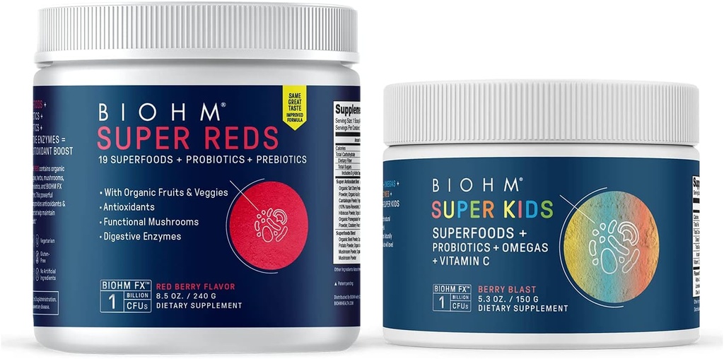 BIOHM Super Reds Superfood Powder, Tart Cherry & Super Kids Superfood Powder + Probiotici, Antiossidanti beneficiali & Omega-3 - Gluten Free, OGM Free, Dairy Free, No ingredienti artificiali