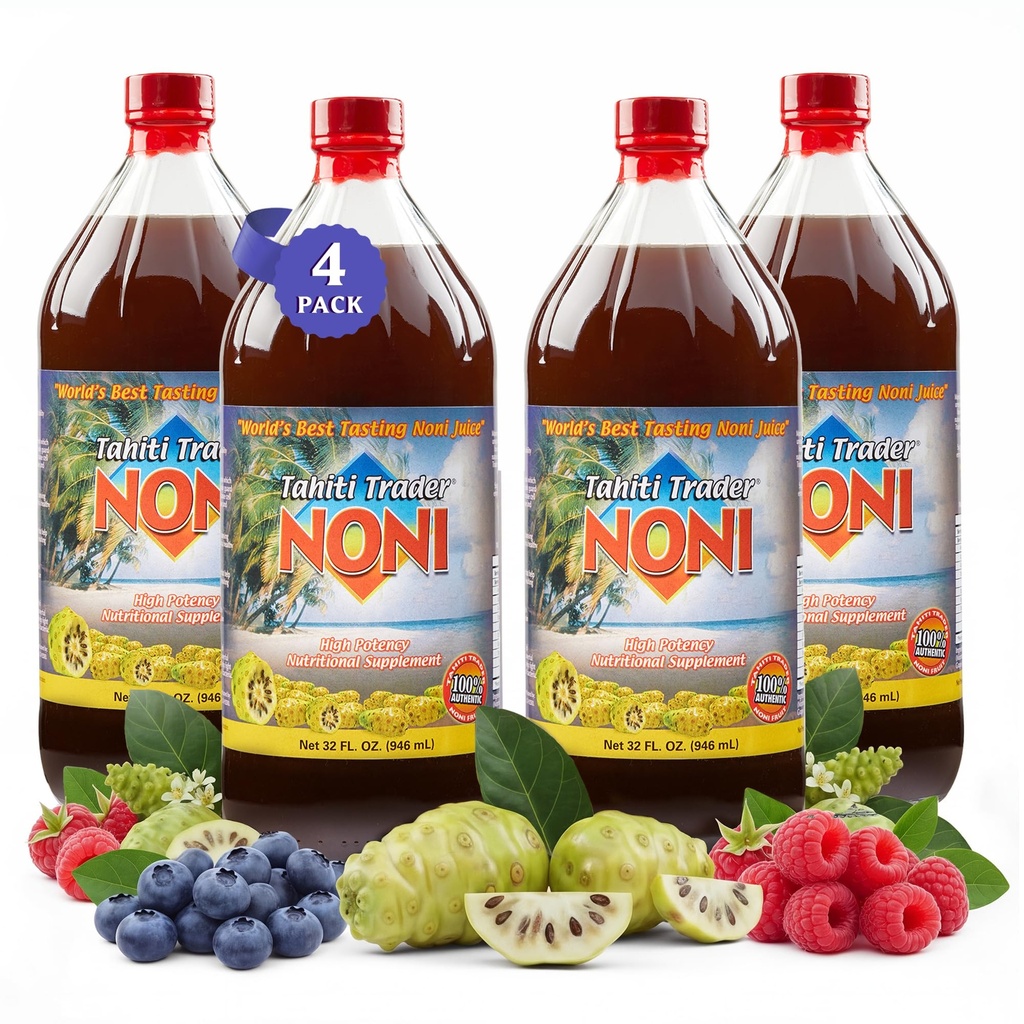 TAHITI TRADER (4-PK) Original High Potency Noni Juice - Pure Noni Fruchtsaft mit Blueberry & Raspberry - Organic Antioxidant Superfood Support Energy & Body Health - (32oz, 4 Pack)