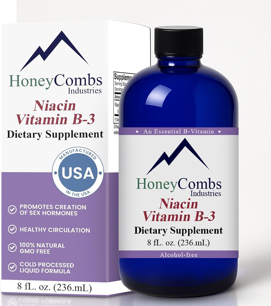 HoneyCombs Vitamin B3 Niacin Ergänzung Flüssigkeitstropfen - Hohe Potenz Vitamin B3 Flüssigkeitstropfen für Männer und Frauen - Pflege Verdauungssystem, Haut, Tongue, Energie und mehr - Vegan Niacin Drop (8 Fl oz)