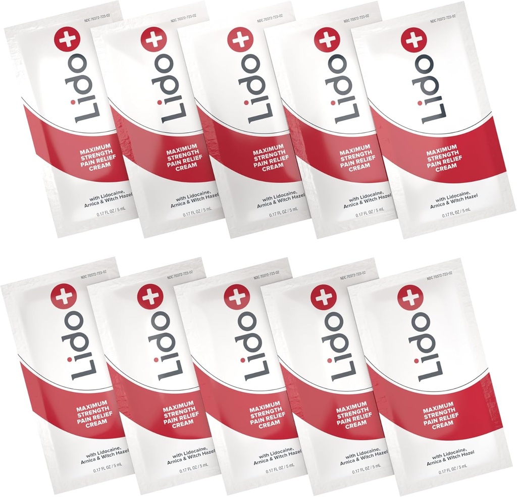 Lido+ Sachets Lido+ 10-Pack Crème Lidocaine, Relief rapide pour la douleur articulaire et musculaire, Crème Relief Douleur, Formule longue durée, Fabriqué aux États-Unis