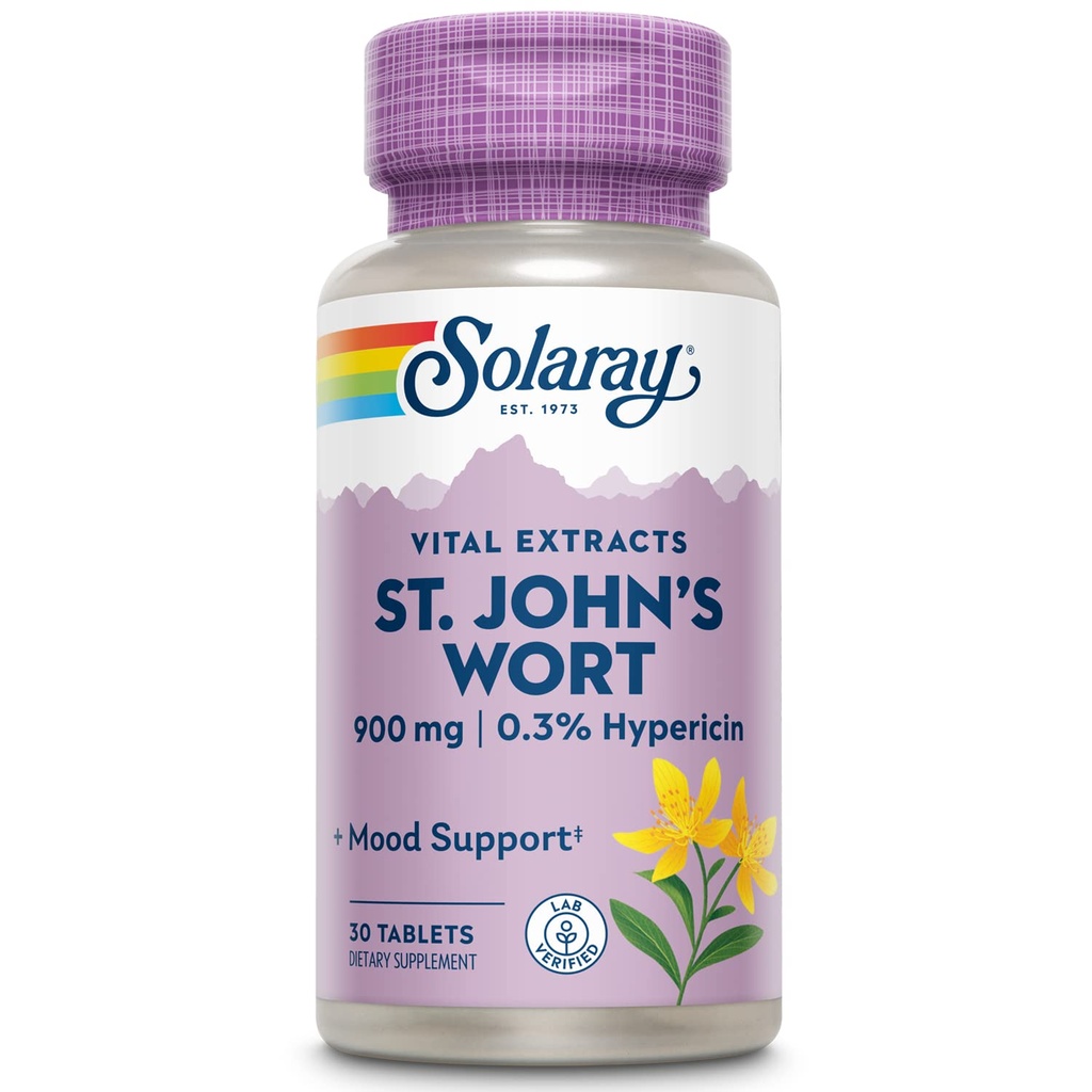 SOLARAY St John's Wort 900 mg, Einmal täglich Mood Support Supplement, Standardisiert auf 0,3% Hypericin für Gehirngesundheit Unterstützung und eine Balanced Mood, 60-Day Geld zurück Garantie | 30 Servietten | 30 Tabletten