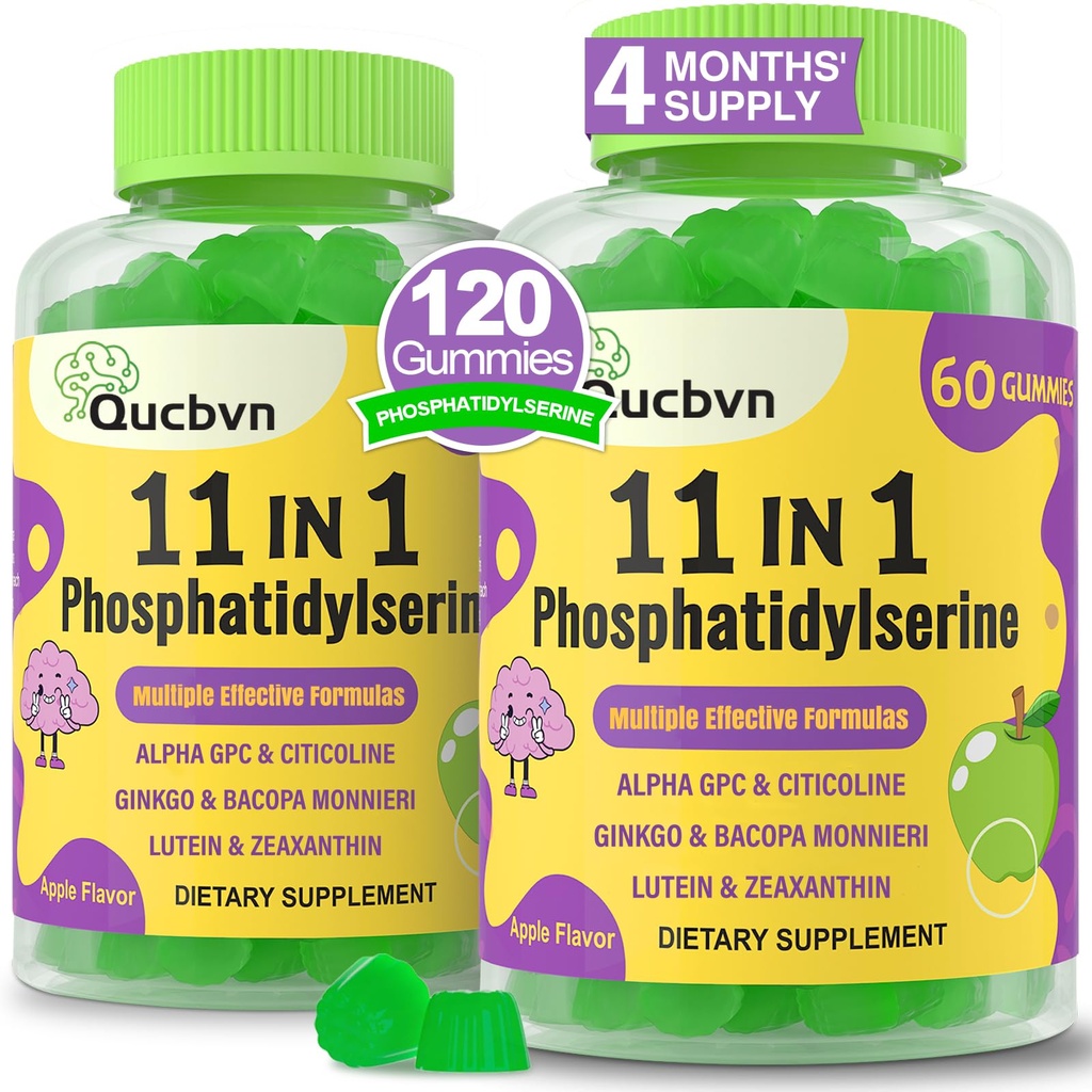 (2 packs) Phosphatidylsérine 600mg Gommies, Supplément Cerveau pour la mémoire, la concentration et la concentration - Supplément Mémoire Phosphatidylsérine avec Alpha GPC, B6 & B12 pour le cerveau et la cognition, 120 Gommies