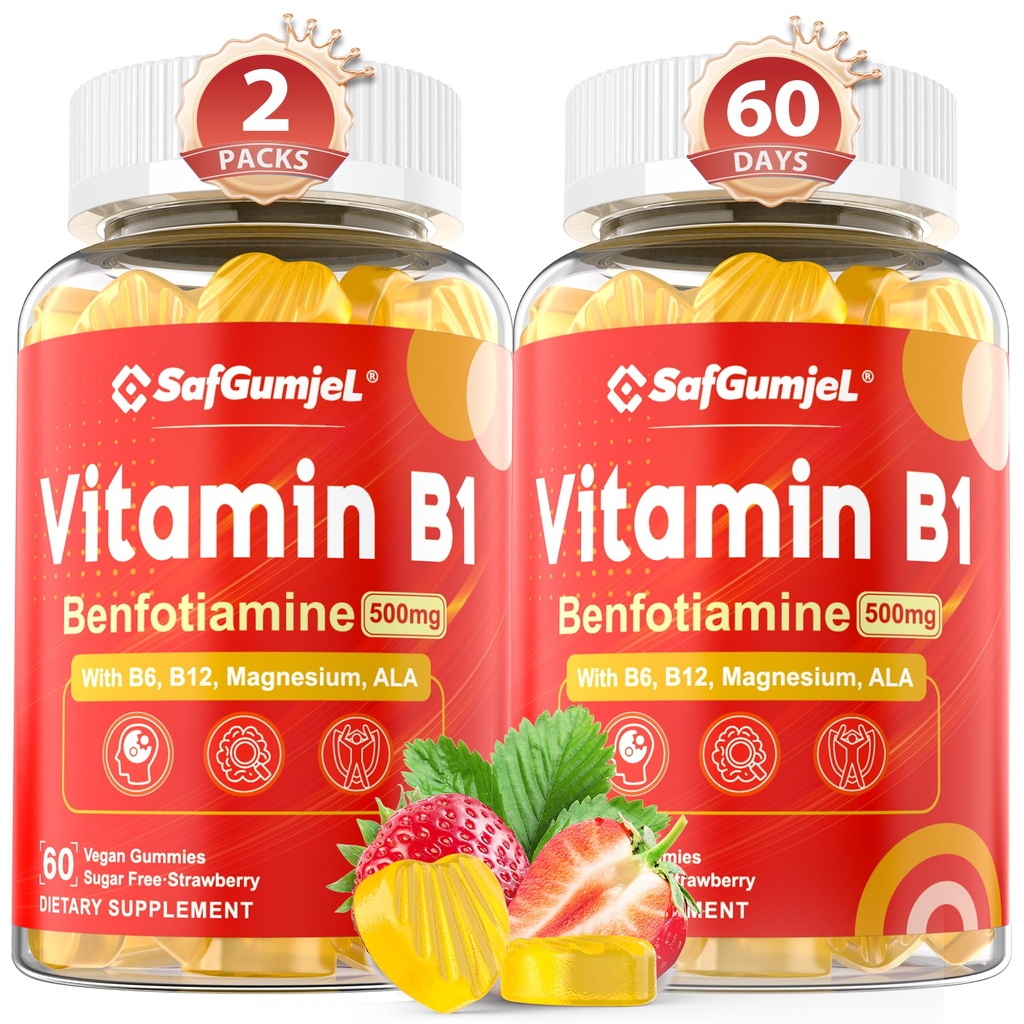Vitamina B1 Gummies | Benfotiamine 500mg con vitamina B6 B9 B12 & Magnesio per Nerve Health, Energy & Metabolism Support | Sugar Free, Non OGM, Vegan, 120 Counts