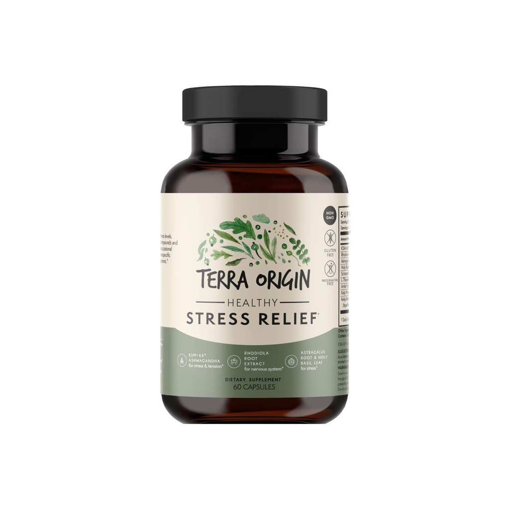 ORIGINAL TERRA Supplément de stress sain , 60 capsules , KSM-66 Ashwagandha biologique , L-Theanine , Extrait de Rhodiola , Astragalus racine et basilic saint , Stress and Mood Support