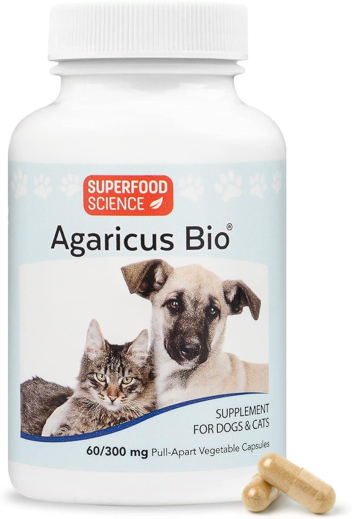 Agaricus Bio 300mg per Canine e Feline, Beta Glucan Mushroom Pet Supplemento per aumentare la difesa immunitaria critica e la salute cellulare, polvere antiossidante, supporto energetico per cani vecchi e gatti, 60 caps
