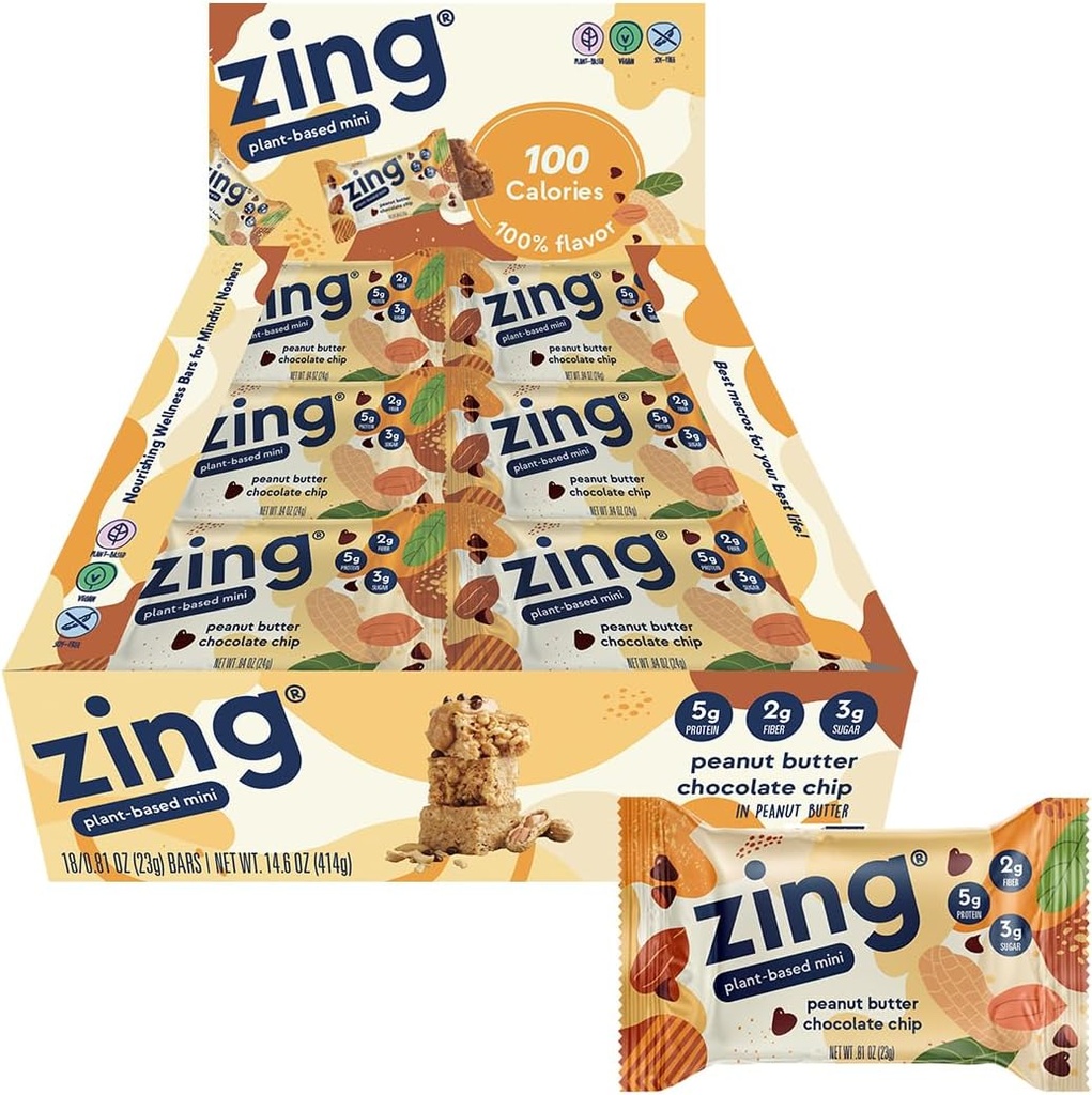Zing Beurre d'arachide Chocolate Chip Kids Barres de protéines végétaliennes, sans gluten 100 barres de calories mini, barres de nutrition sans lait avec des protéines végétales, casher, sans soja, sans alcools de sucre - 18 nombre
