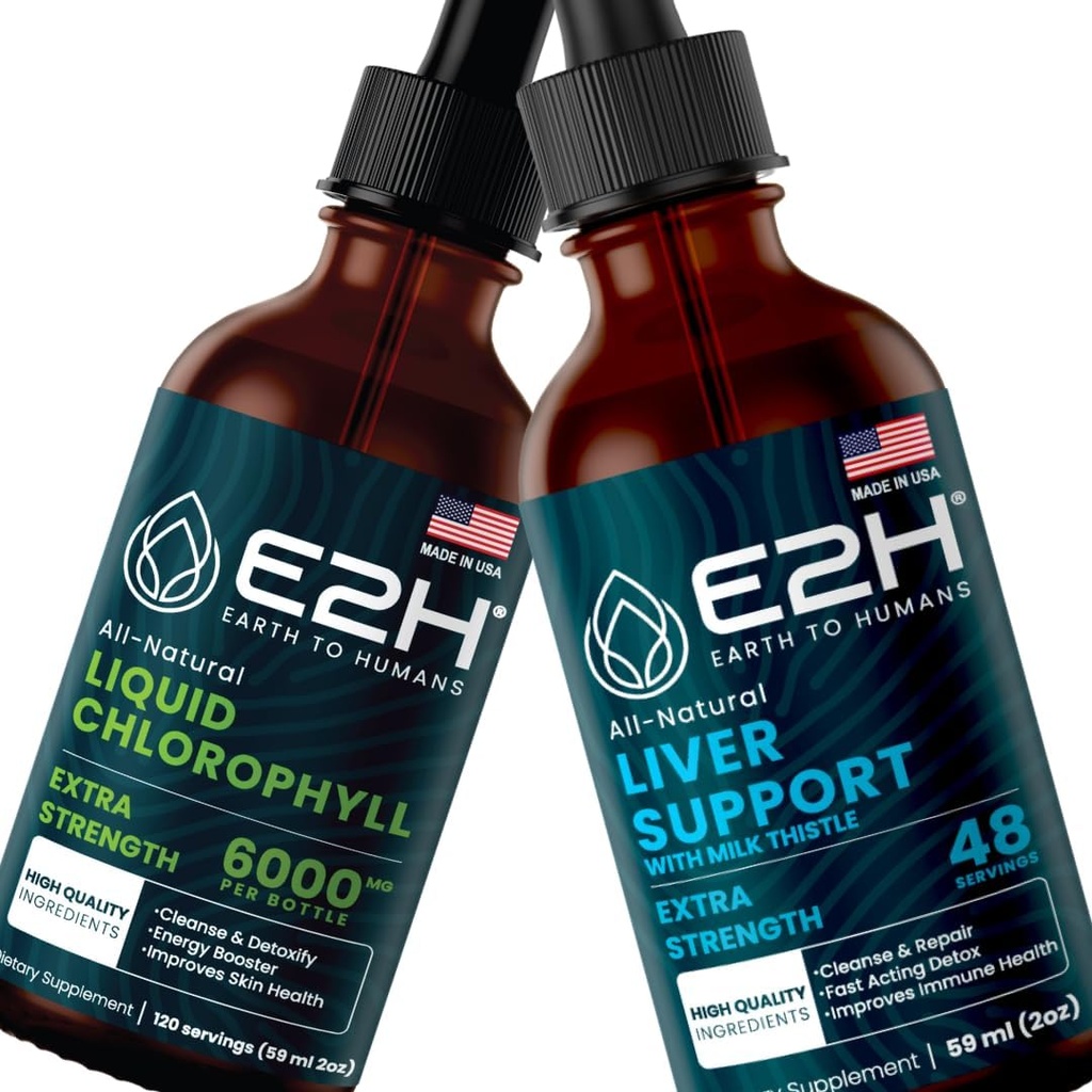 E2H: Flüssige Chlorophyll- und Leberunterstützungsergänzung | Vegan, Non-GMO - 2 Fl Oz Jeder (4 Fl Oz Gesamt) - Bundle