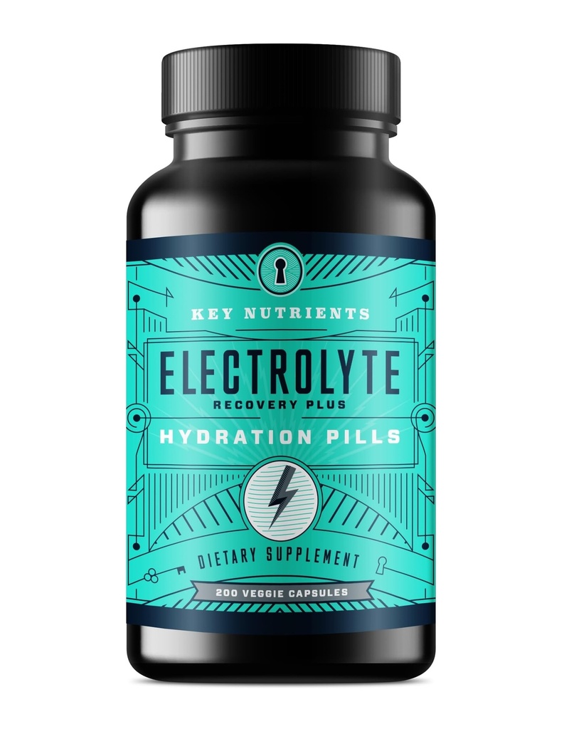 NUTRIENTS CLÉS Comprimés électrolytiques, 200 Capsules, Comprimés de sel pour déshydratation, Comprimés à électrolytes à jeun - Pilules de sel avec électrolytes, Pas de sucre, Comprimés d'hydratation sans gluten fabriqués aux États-Unis