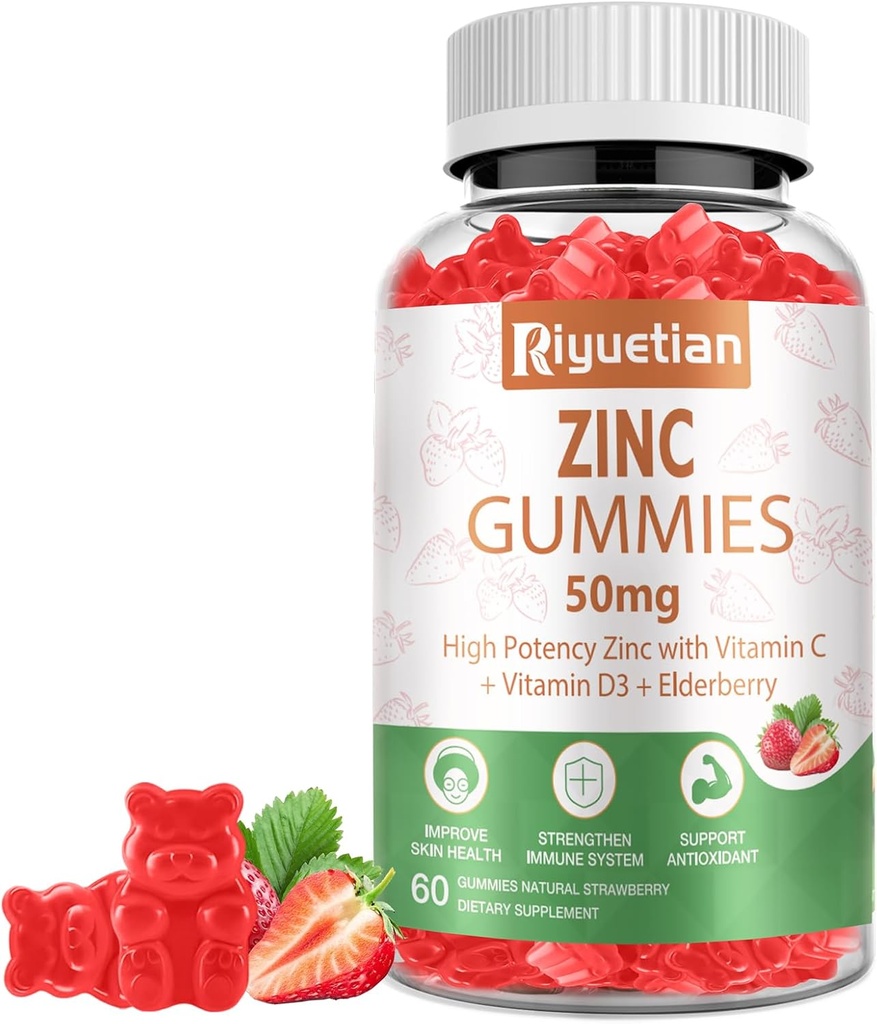 Zinc Gummies - 50mg High Potency Zinc with Vitamin C + Vitamin D3 + Elderberry - Immune Health Support - Vegan, Non-GMO and Gluten Free - 60 Gummies