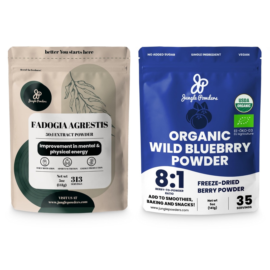 Poudres de Jungle pour Homme Santé & Vitalité Bundle: 5oz Fadogia Agresti Extract Powder for Drive & Passion + 5oz USDA Certified Bio Wild Blueberry Powder for Enhanced Wellness in Smoothies & Baking!