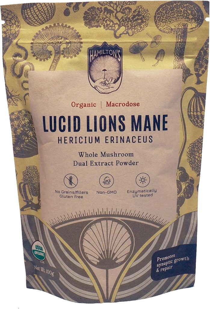 Hamilton’s Lucid Lion’s Mane | Organic Mushroom Extract Powder for Synapse Repair, Nerve Growth Factor, Focus, Memory und Concentration | High Potency | 30% Beta Glucans | GF, Non-GMO, Vegan (100g)