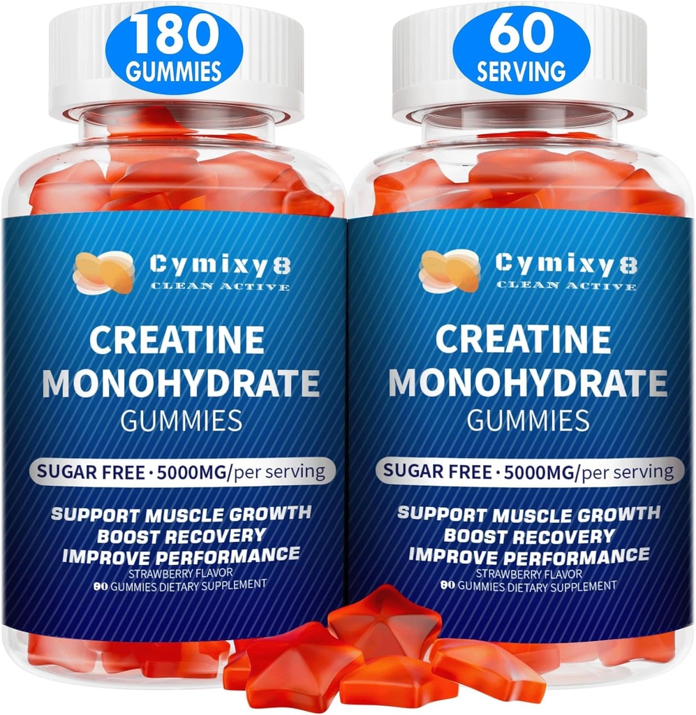 Gommies monohydratées de créatine 5g pour les hommes et les femmes, 7100mg avec la Taurine Liposomale, BCAA, Alpha GPC, B12, Creatine monohydratée Chews pour la croissance musculaire, Flaveur de fraises, 180Contenu