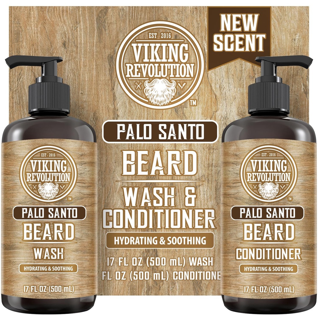 Viking Revolution Palo Santo Bart Wash and Beard Conditioner Set mit Argan und Jojoba Öle - Weichen und Stärken - Natural Palo Santo Duft - Bart Shampoo mit Ginseng Root Extract (17 oz)