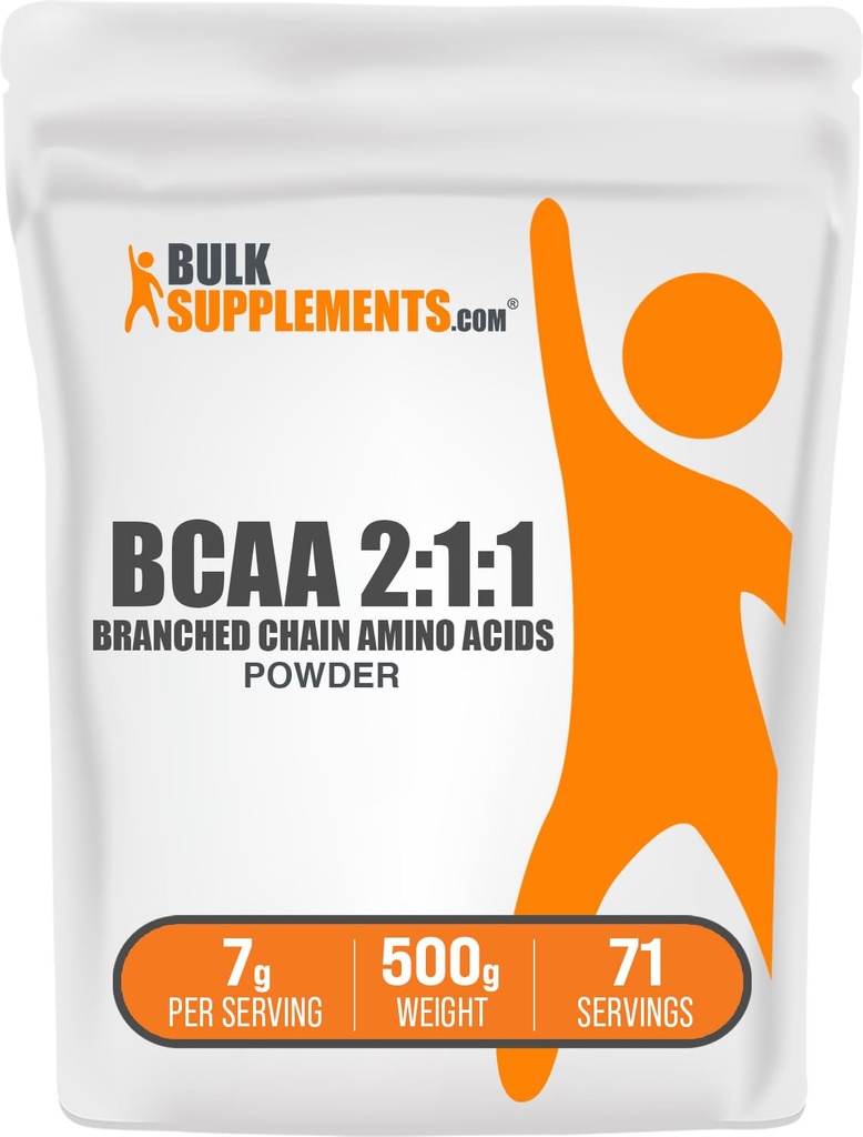 BulkSupplements.com BCAA 2:1:1:1 Polvere - Aminoacidi a catena ramificata, Polvere di aminoacidi BCAAs - senza glutine e senza glutine, 1g per porzione, 500g (1.1 lbs) (Pack of 1)
