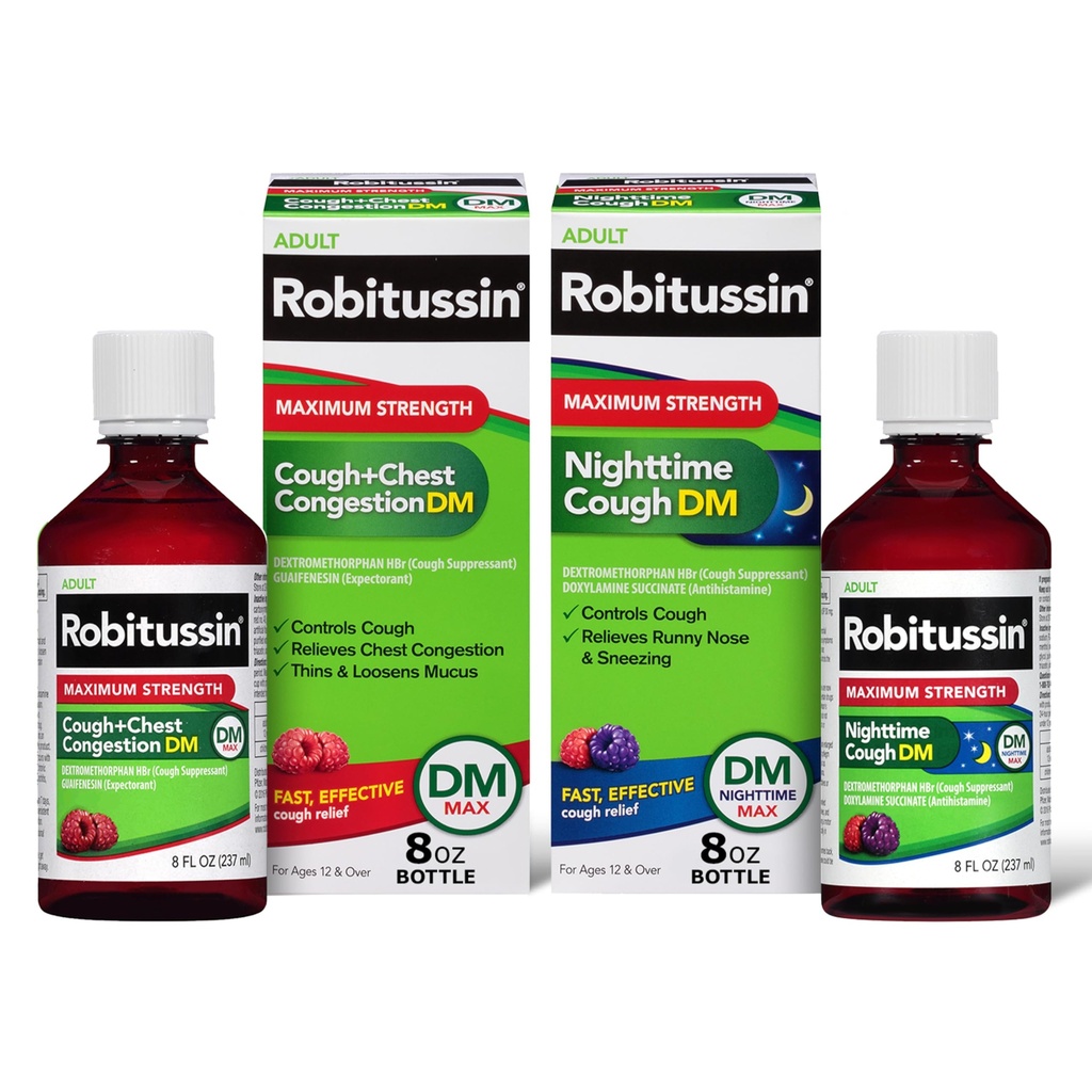 Robitussin DM Max Cough Plus Chest Congestion und Robitussin Maximum Strength Nighttime Cough DM, Adult Formulas - 2 x 8 Fl Oz Flaschen