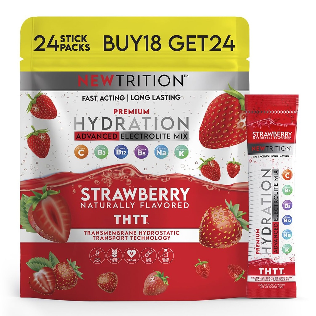 Poudre d'hydratation, Paquet de fraises de 24 paquets de poudre d'électrolyte, Paquets d'hydratants naturellement aromatisés pour l'eau, Electrolytes d'hydrate à action rapide avec des vitamines B&C, énergie et récupération