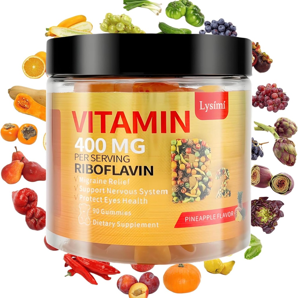 Vitamin B2 Gummi, Vitamin B2 Riboflavin Gummi 400mg, Migraine Relief & Kopfschmerzen Relief Riboflavin Vitamin B2 Gummi, Soja & Glutenfrei, 90 Vitamin Gummi für Kinder & Erwachsene