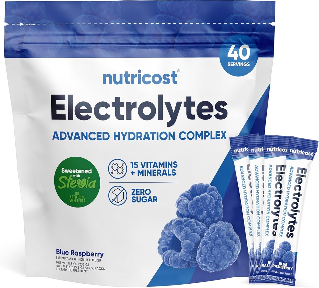 Nutricost Electrolytes Powder Hydration Packets (Blue Raspberry, 40 Servings) Calorie basso Keto elettroliti addolciti con Stevia - Non OGM, senza glutine e senza zucchero