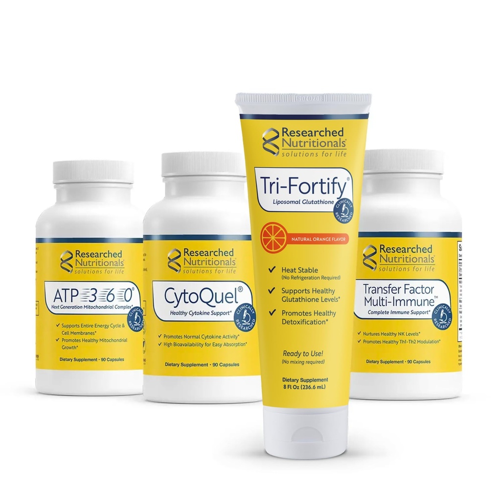 Researched Nutritionals Foundation Kit - Tri-Fortify Liposomal Glutathione (450mg) Orange, Transfer-Factor Multi Immune, ATP 360 & CytoQuel zur Unterstützung von Energie, Immunität, Cytokine Response & Detox