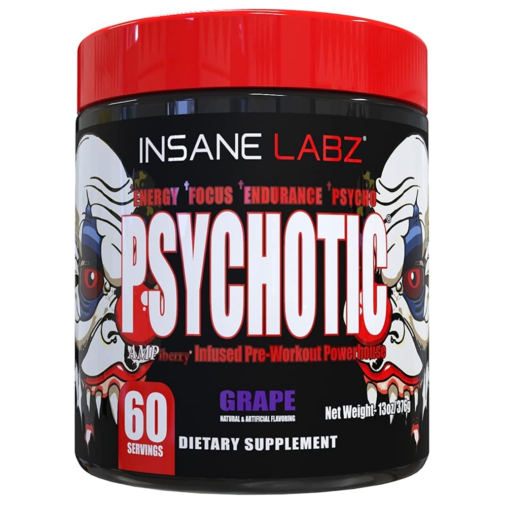 Insane Labz Psicotica, Polvere pre allenamento ad alto livello, estrema energia di ultimazione, messa a fuoco e resistenza con Beta Alanine, Creatina Monoidrato, DMAE, 60 Srvgs, Uva