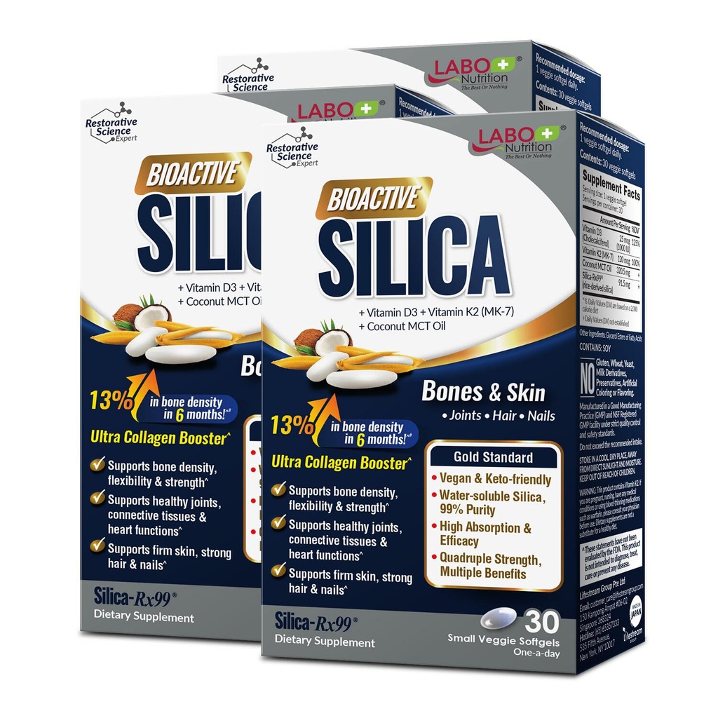 LABO Nutrition Bioactive Silica – Per capelli, pelle, unghie, formazione di collagene, Joint & Bone Strength – Support Bone Health & Collagen Booster – 99% Purity Rice-Derived Silica Supplement, 30 Vegan Softgel