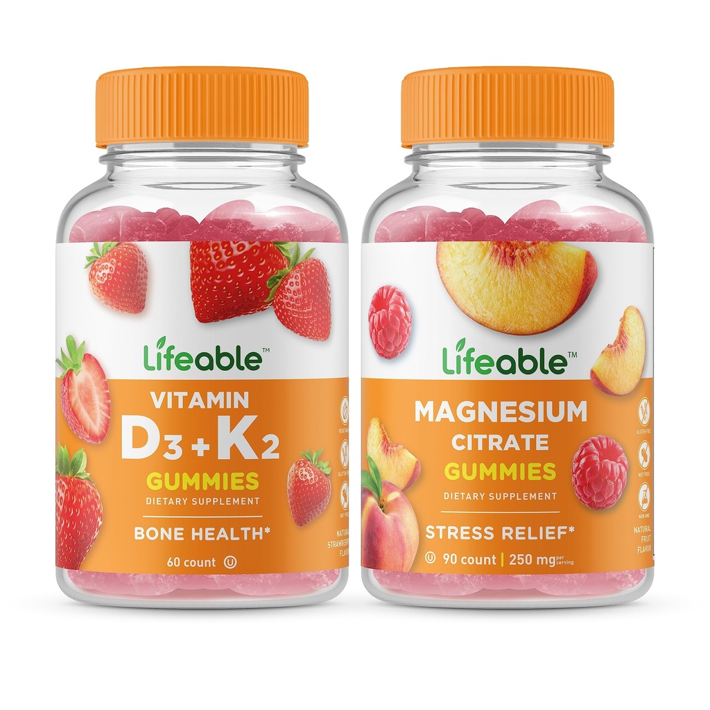Vitamine vivante D3 + Vitamine K2 + Magnésium 85mg, Gummies Bundle - Grande dégustation, supplément de vitamine, sans gluten, sans OGM, gummy à croquer