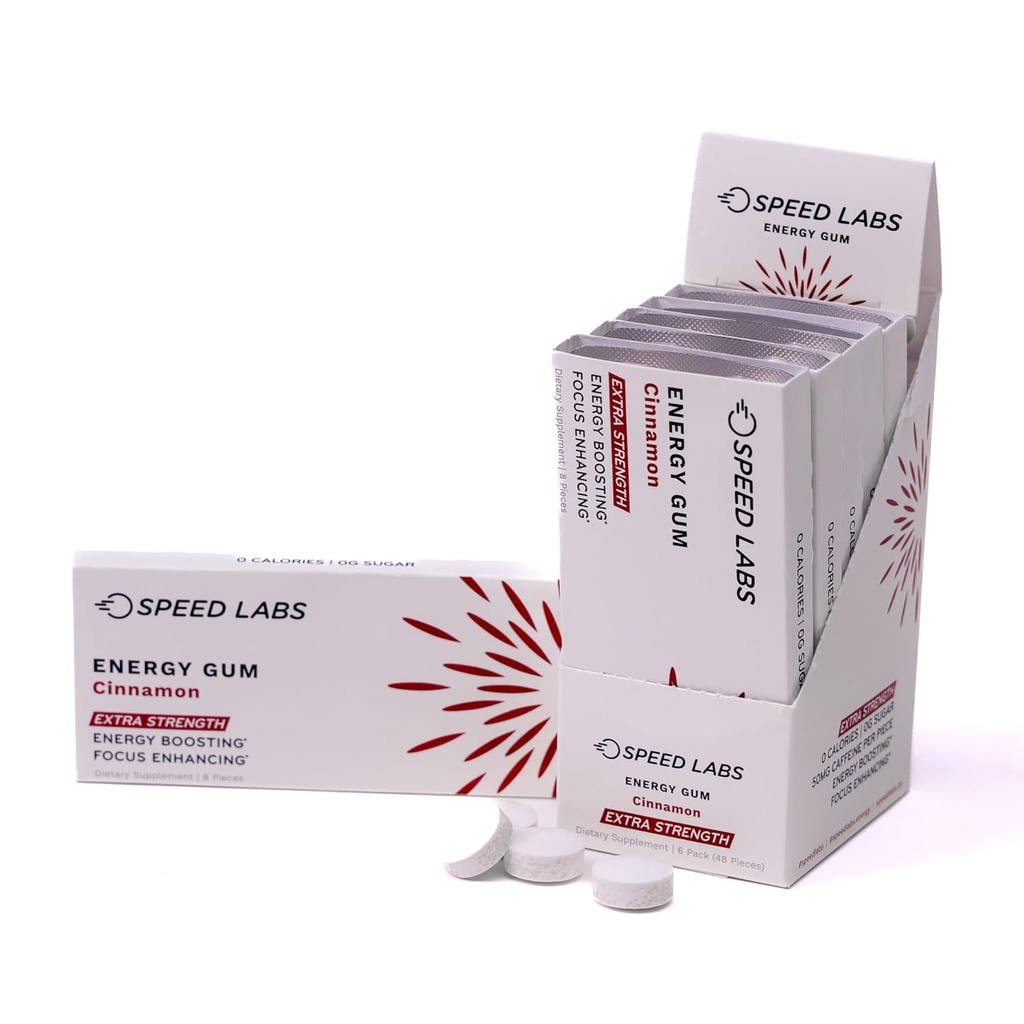 Speed Labs Cinnamon Extra Strength Caffeine Kaugummi 50mg Koffein, Taurine, & B Vitamine pro Stück, 48 Stück (6 Packungen mit 8 Stück) Zuckerfrei, Null Kalorien, keine Aspartame, Glutenfrei