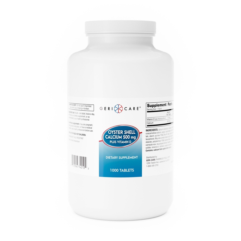 GeriCare Oyster Shell Calcium 500mg + Vitamin D, Knochengesundheit, Nahrungsergänzungstabletten, 1000 Graf (Pack von 1)
