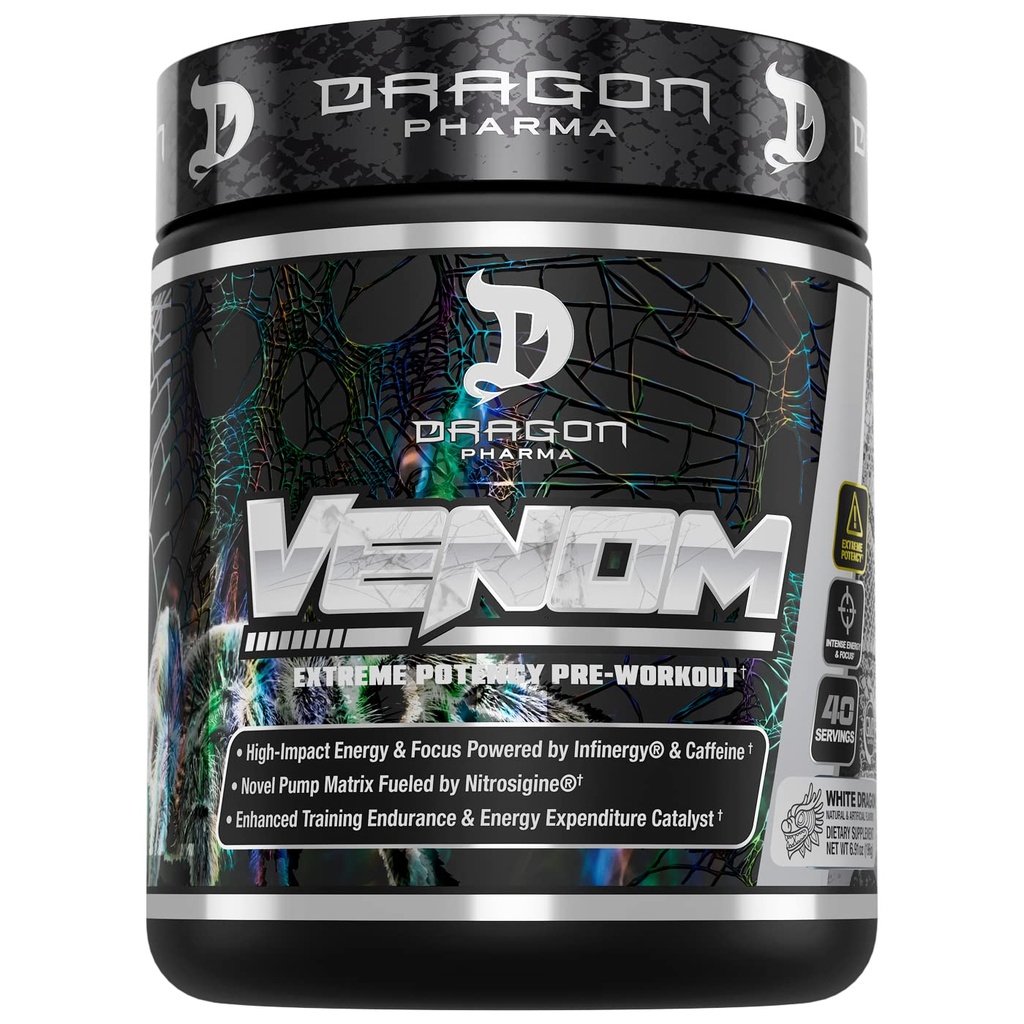 DRAGON PHARMA Venom Extreme Potency Pre-Workout, Laser Sharp Focus + Energy, Intense Performance, Ingrédients éprouvés pour la vasodilation et l'endurance améliorées (40 portions, Dragon blanc)