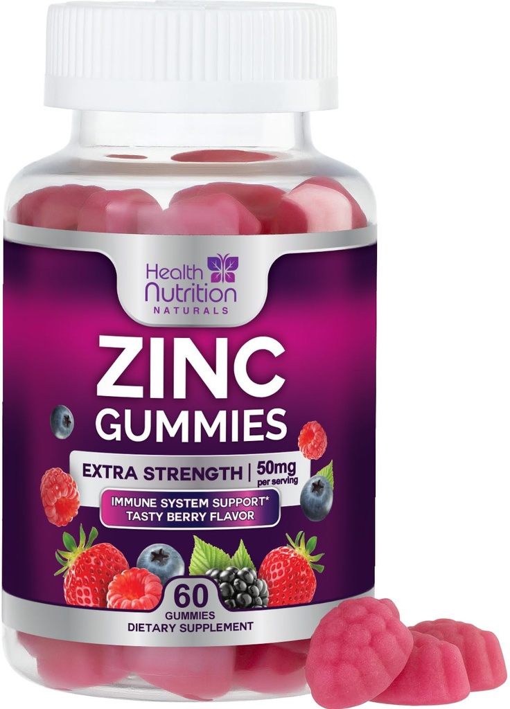 Integratori di zinco 50mg Gummies - Max Strength Skin Health & Immune Support Gummy, Vegan, Non-GMO & Gluten Free - Miglior integratore di zinco Antiossidante & Bone Salute Chewable Berry Flavor - 60 Gummies