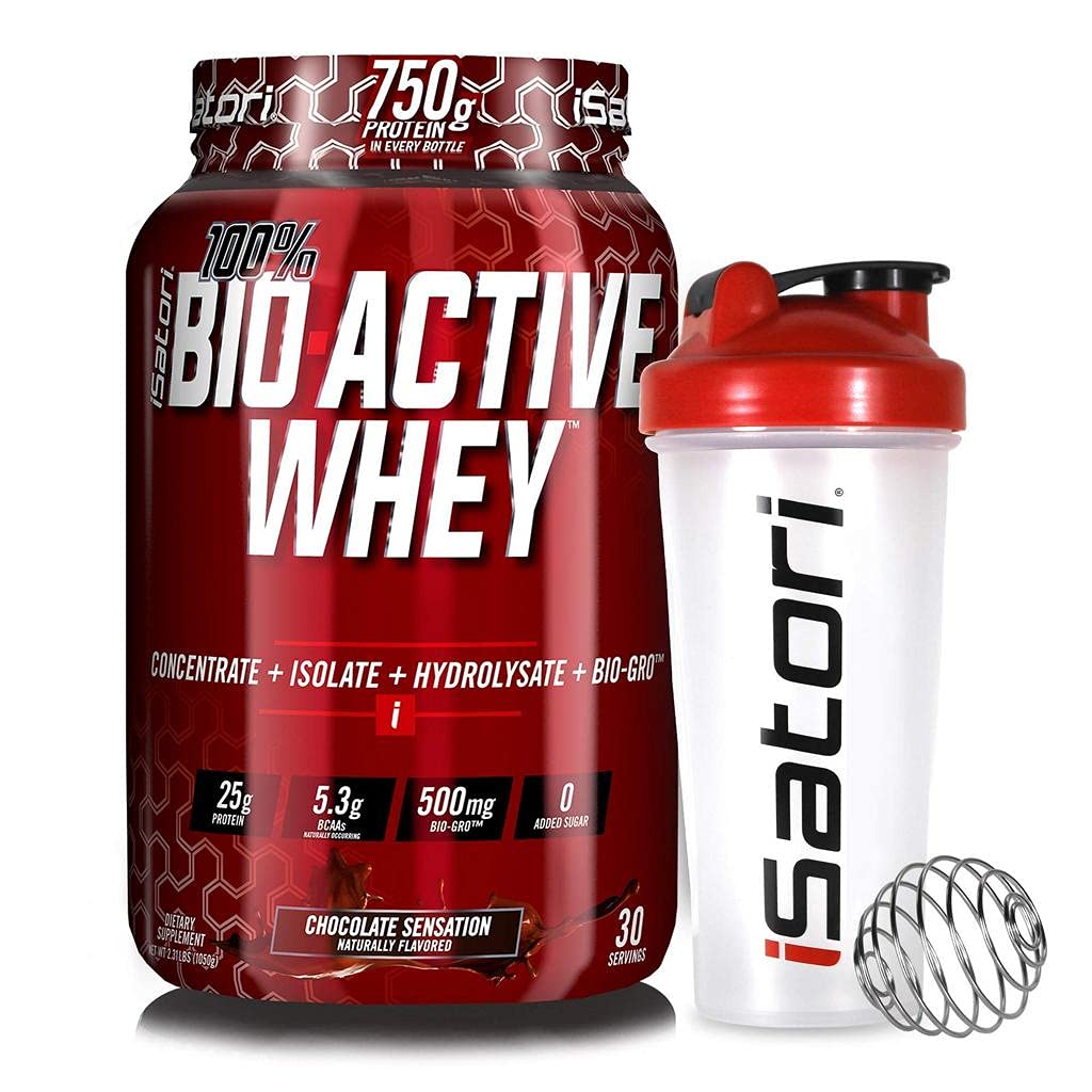 iSatori Bio-Active Whey Powder Chocolate Sensation (30 Serve) & iSatori Classic Blender Bottiglia (bottiglia trasparente con top rosso)