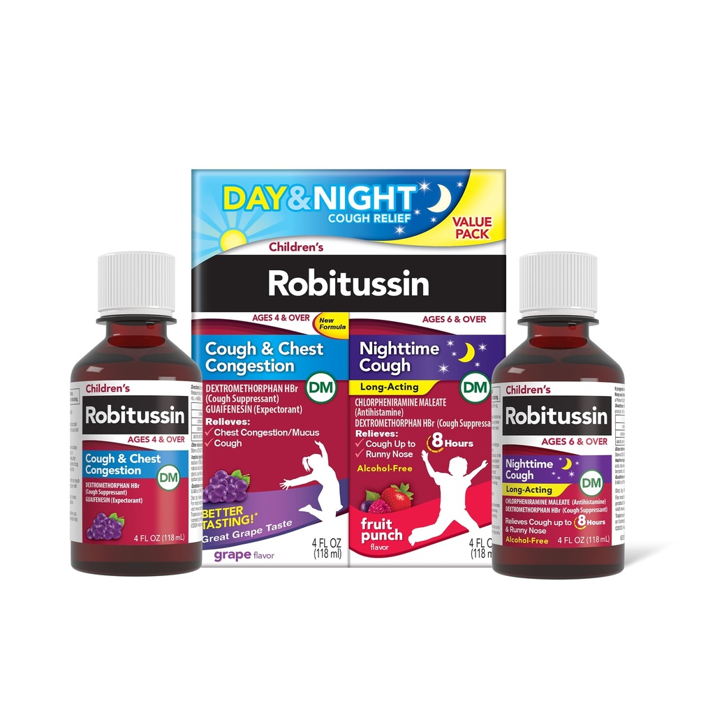Kinder Robitussin DM Day and Night Cough Relief Value Pack, Cough Medicine, Grape/Fruit Punch Flavor - 4 Fl Oz x 2