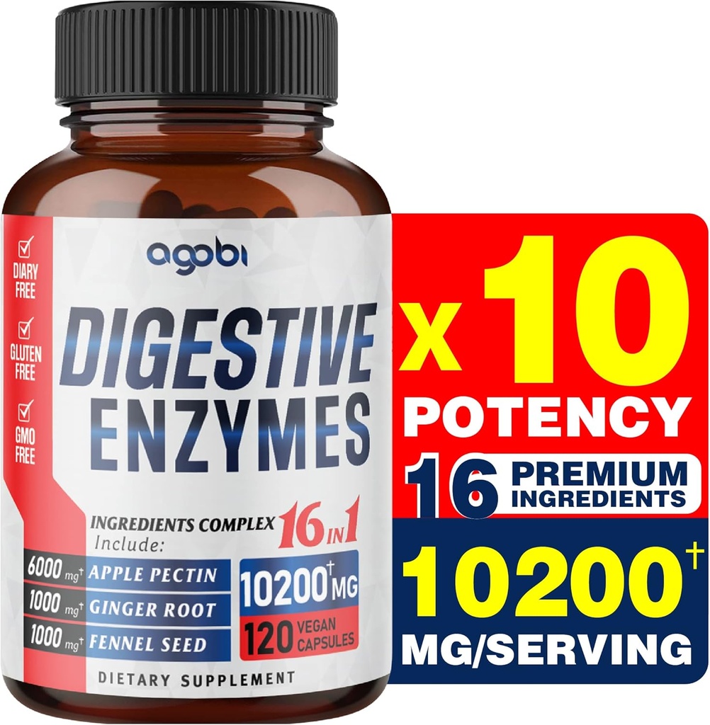 agobi 10200Mg Digestive Enzymes with Prebiotic for Digestion, Immune & Body Support - 16in1 with Apple Pectin, Ginger Root, Prebiotic System & More - 120 Capsules for 2 Months