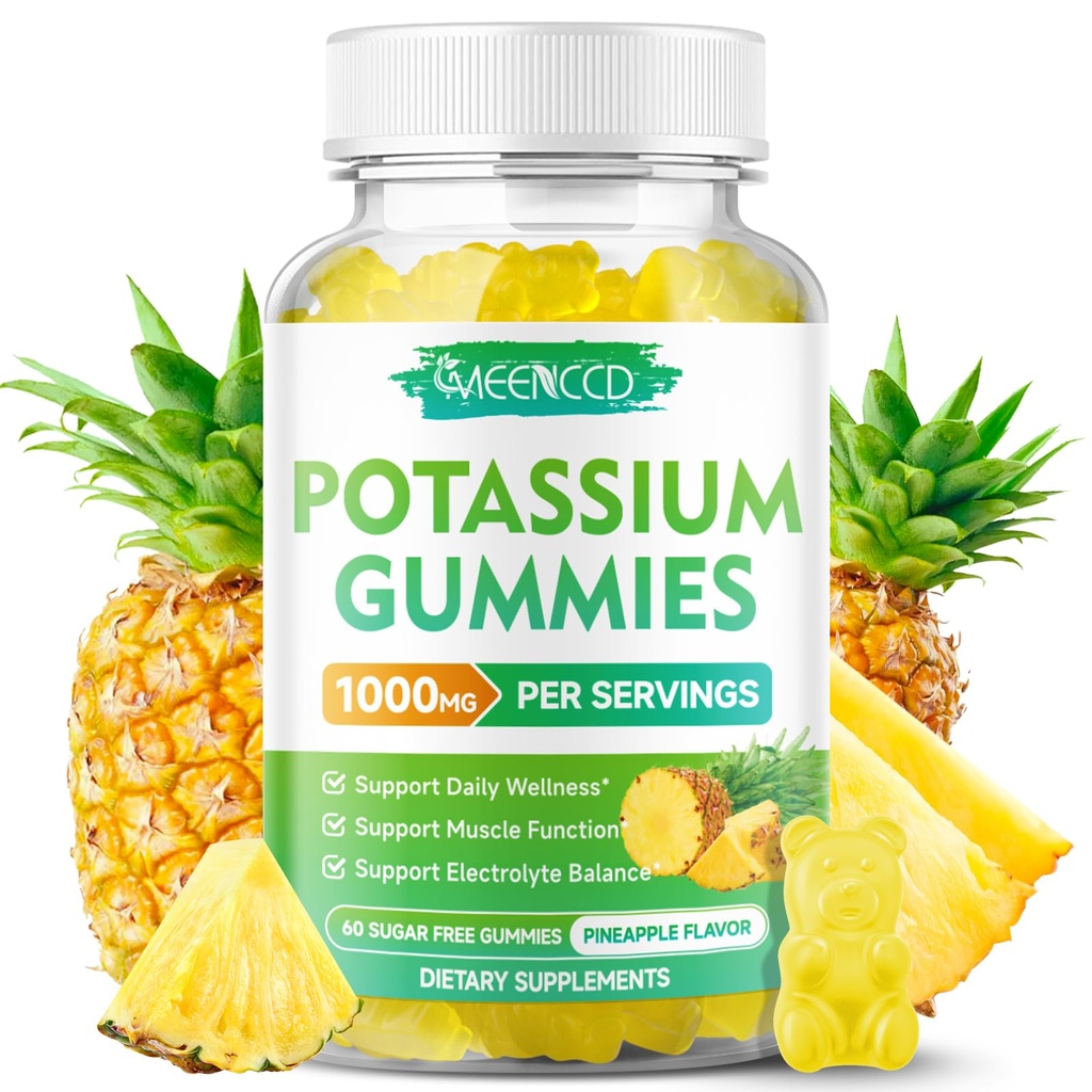 Citrate de potassium Gommies 1000mg, supplément de potassium de puissance élevée Gommies pour adultes femmes et hommes, soutien des crampes et de la santé musculaire des jambes, sans sucre, ananas, 60 comte