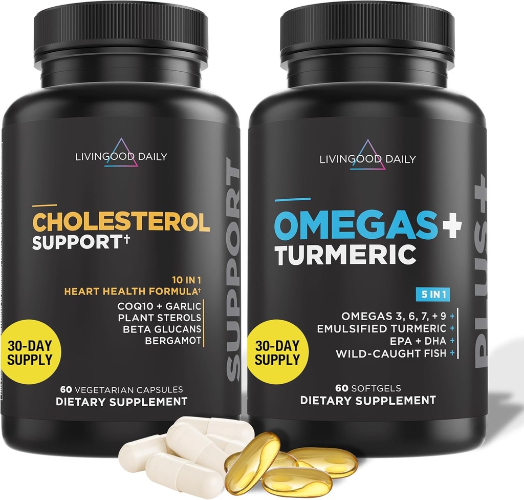 Livingood Daily Cholesterin-Support, 60 Vegetarische Kapseln - CoQ10, Pflanzen-Sterole, Pflanzen-Sterole, Bergamotte, & Knoblauch-Ergänzungen unterstützen Herzgesundheit & Gesunde Lipid-Produktion - Non-GMO & Vegan