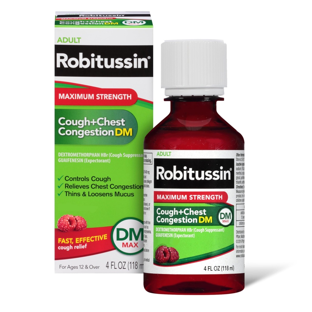 Robitussin Adulto Massima Forza Cough + Chest Congestion DM Max (4 fl. oz. Bottiglia), Suppressant tosse & Expectorant, Raspberry Flavor